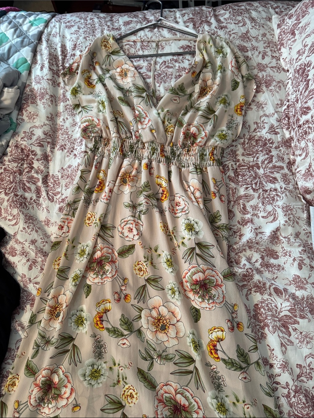 Love Sam Beige Floral V-Neck Smocked Waist Maxi Dress